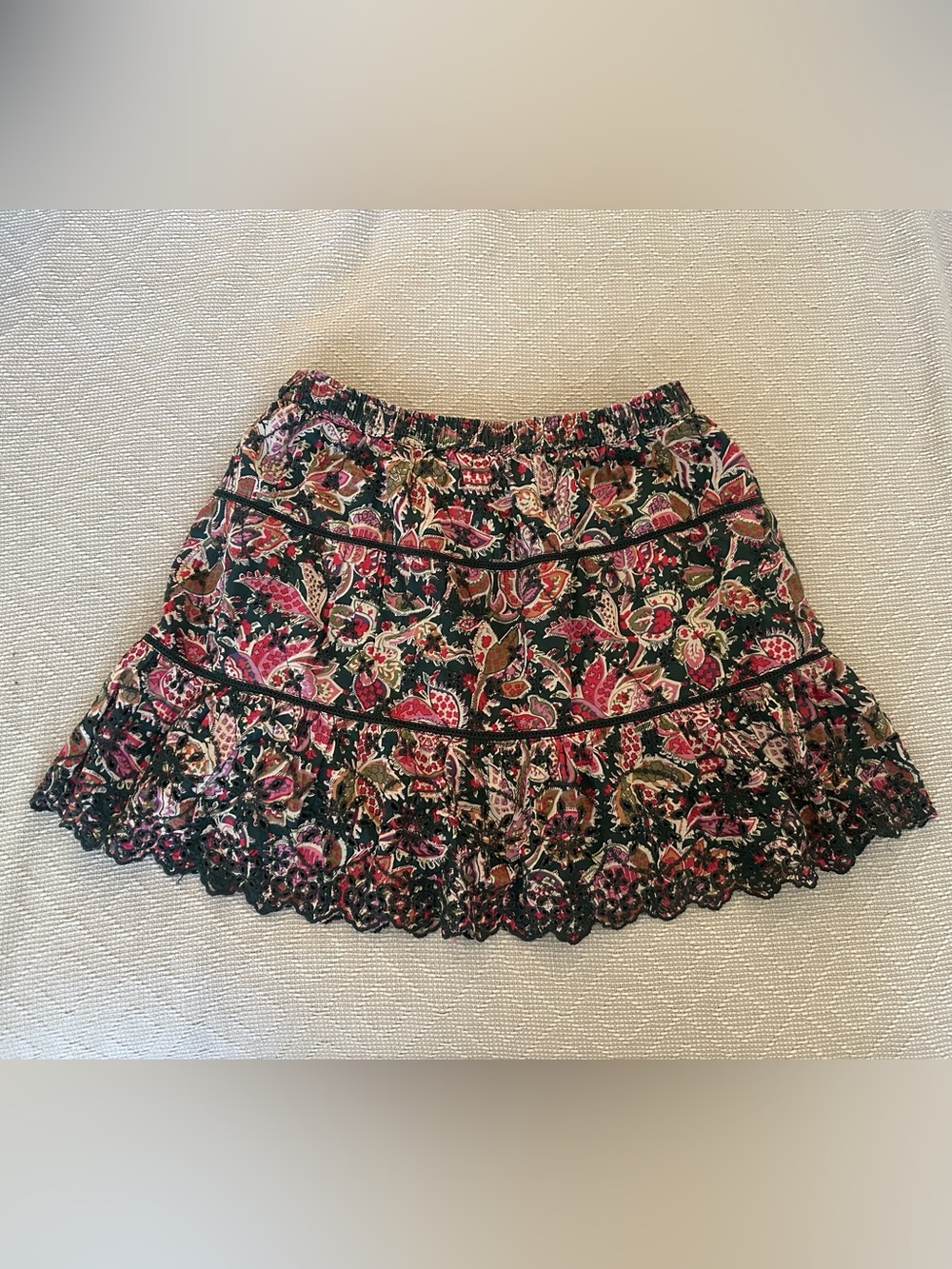 Boho Floral Paisley Mini Skirt Black Red Lace Trim Cottagecore Size M